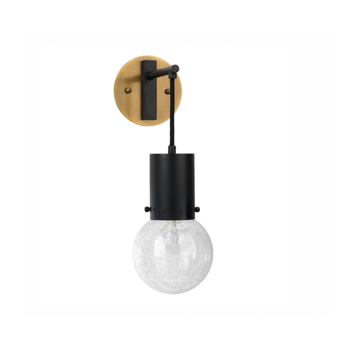 Wall-mounted light fixture with black and wooden design on a white background