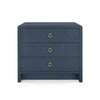 blue linen 3 drawer side table brass pulls