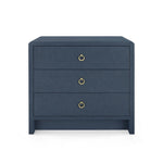 blue linen 3 drawer side table brass pulls