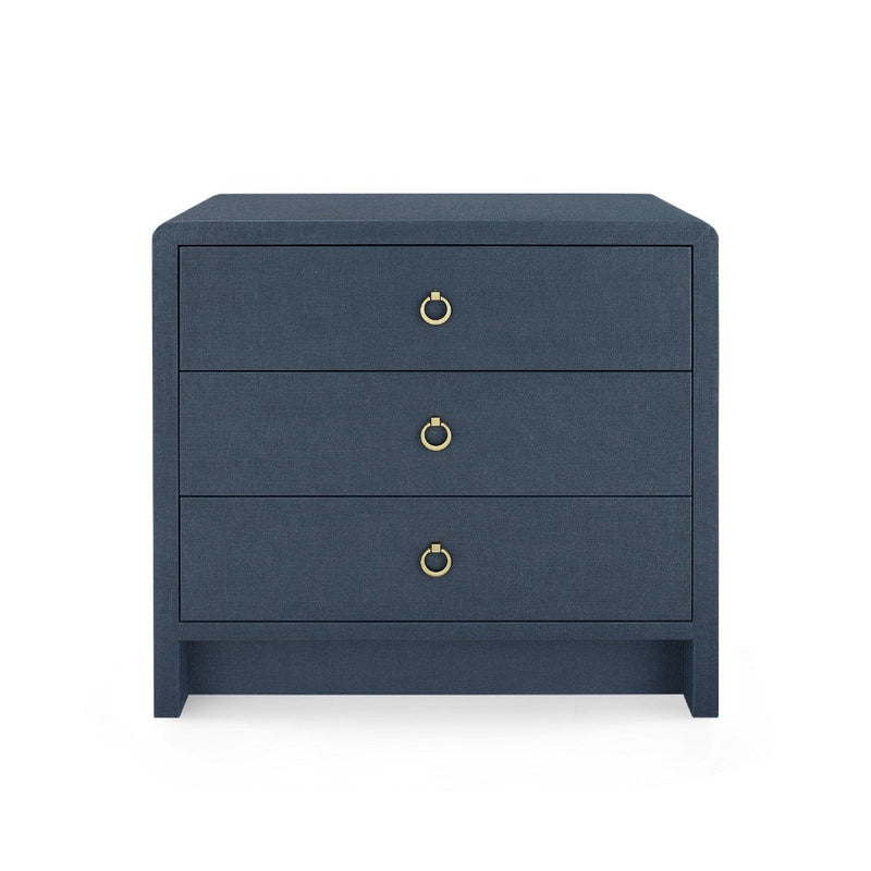 blue linen 3 drawer side table brass pulls