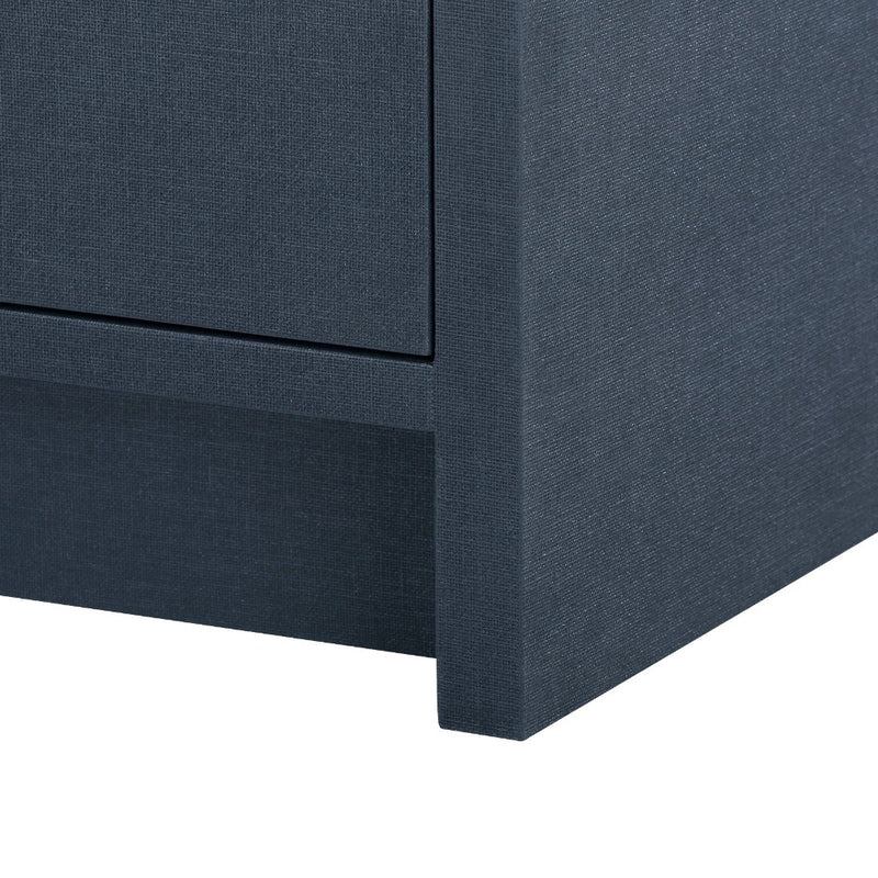 blue linen 3 drawer side table brass pulls