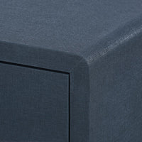 blue linen 3 drawer side table brass pulls