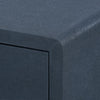 blue linen 3 drawer side table brass pulls