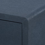 blue linen 3 drawer side table brass pulls
