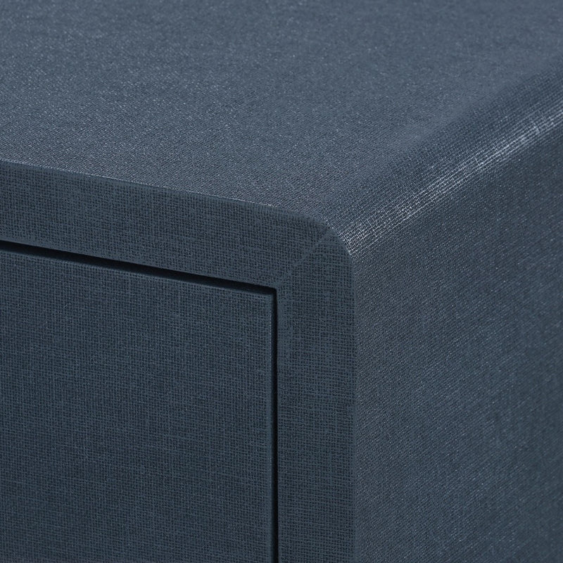 blue linen 3 drawer side table brass pulls