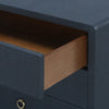 blue linen 3 drawer side table brass pulls
