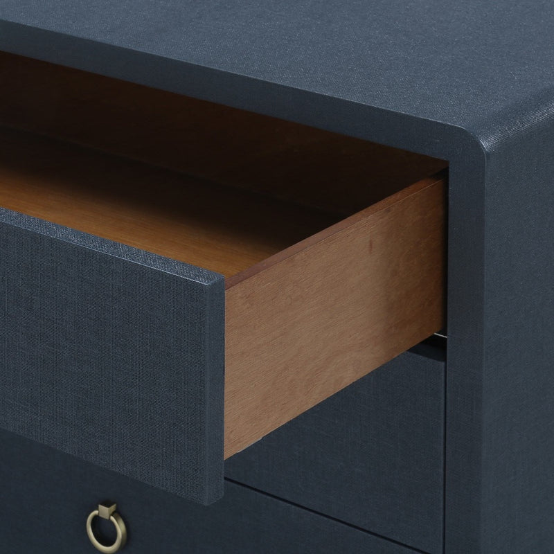 blue linen 3 drawer side table brass pulls