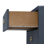 blue linen 3 drawer side table brass pulls