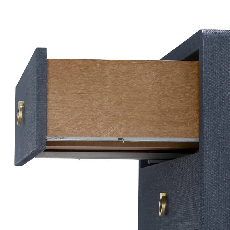 blue linen 3 drawer side table brass pulls