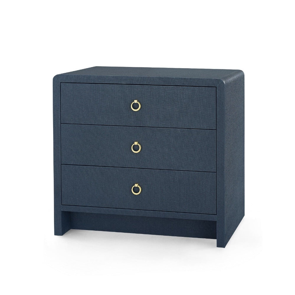 blue linen 3 drawer side table brass pulls