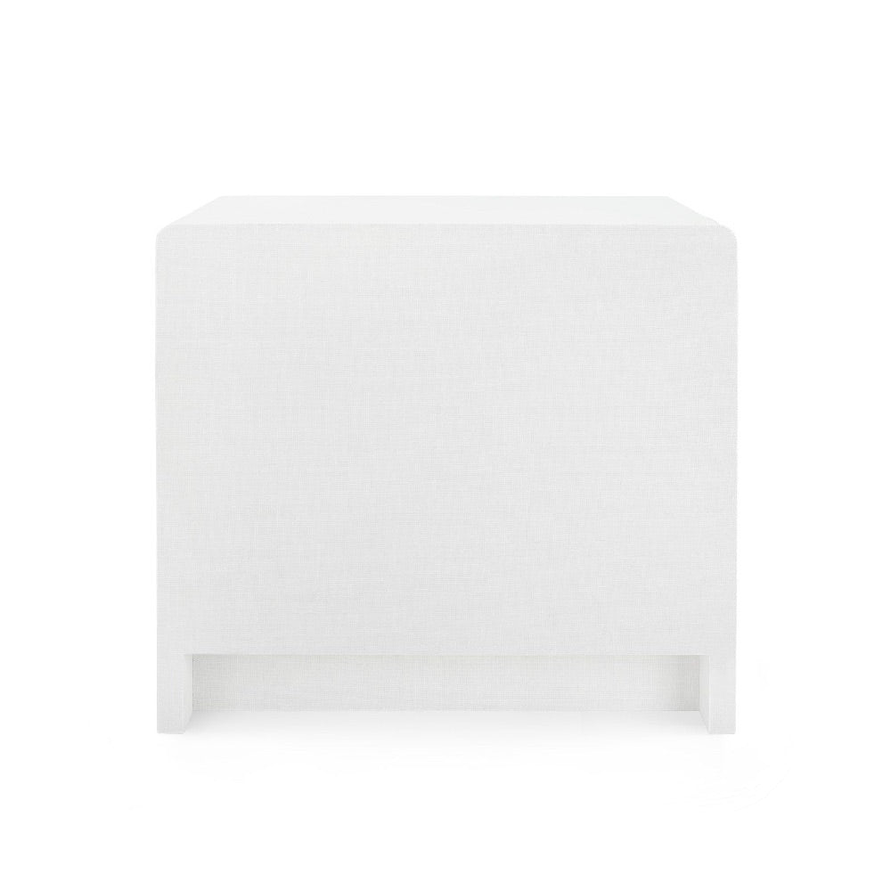 white linen 3 drawer side table brass pulls