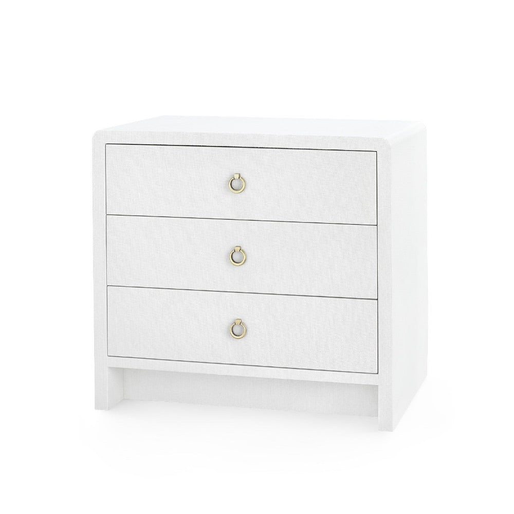 white linen 3 drawer side table brass pulls