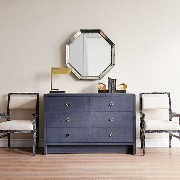 blue linen 6 drawer extra large dresser brass pulls