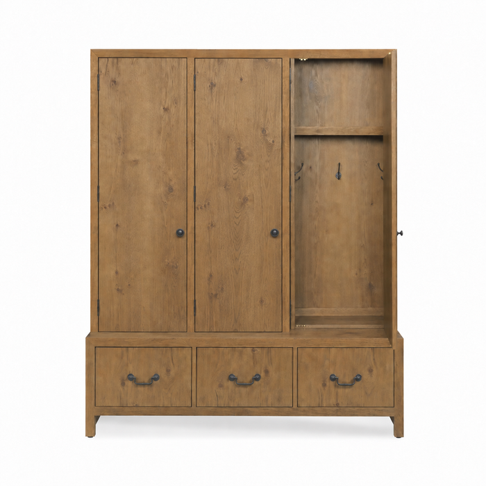 Woodbridge Furniture Oak Efficiency Hall Tree Cabinet with 3 drawers, hooks, and oak veneer against a white background.
