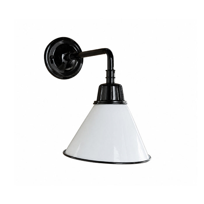 Black wall-mounted lamp with a white glass shade on a white background