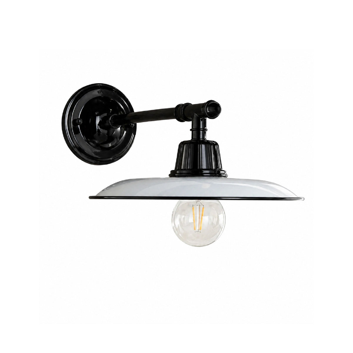 Black wall-mounted light fixture with a white shade on a white background