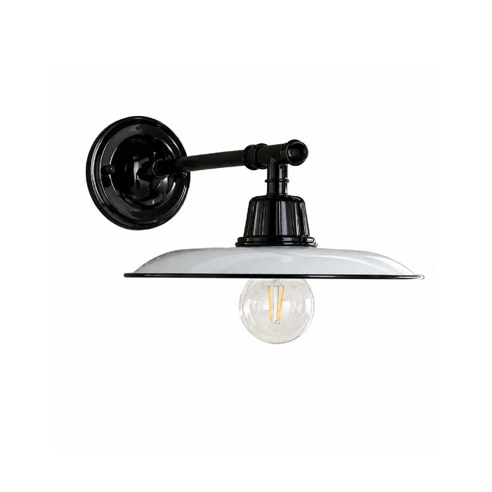 Black wall-mounted light fixture with a white shade on a white background
