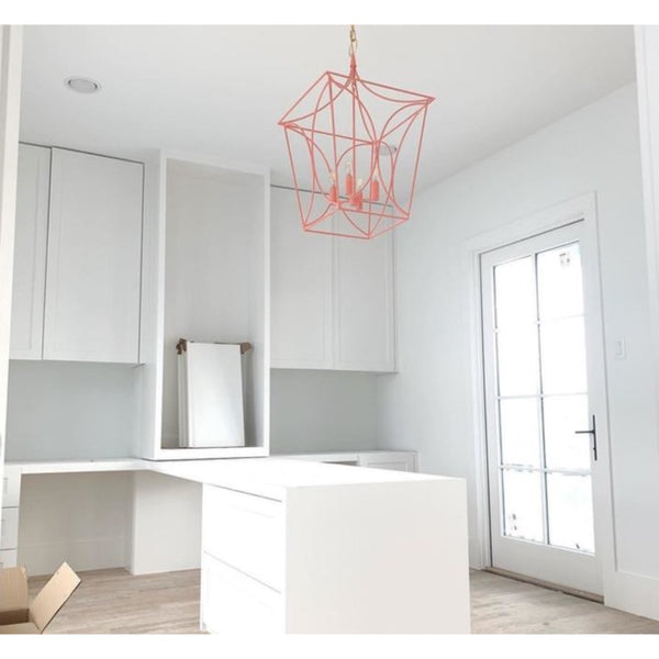 open frame square lantern-like coral chandelier gold canopy 4 bulb