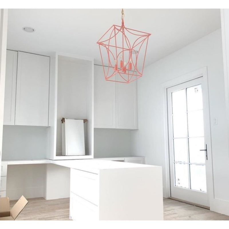 open frame square lantern-like coral chandelier gold canopy 4 bulb