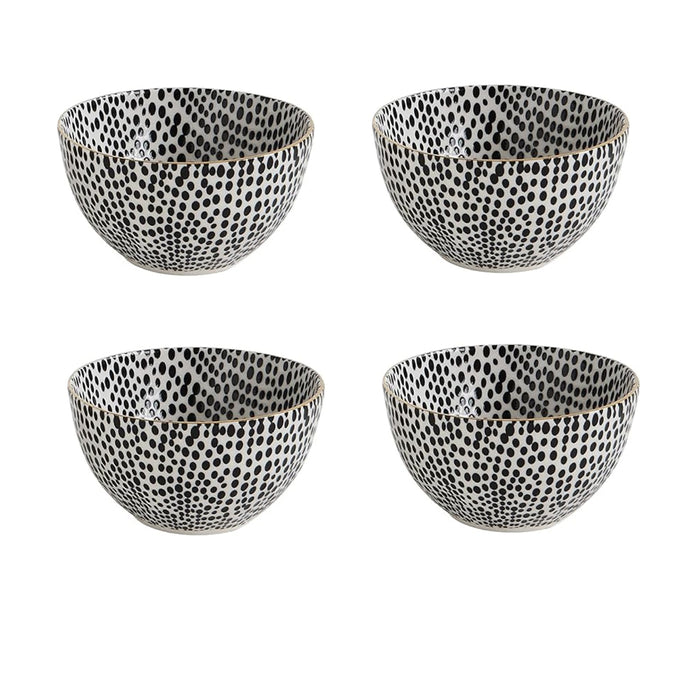 BSEID’s Stoneware Polkadot Bowls with Gold Rim (set of 4) add charm to any snack time or special occasion.