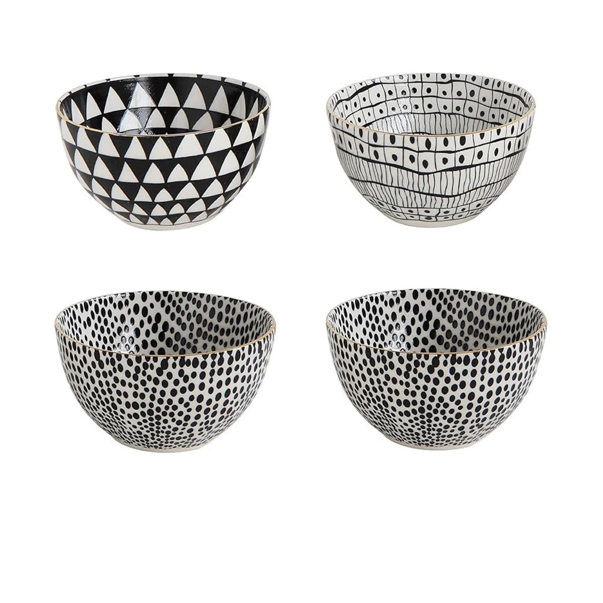Creative Co-Op MIXED Black + White Stoneware Bowls, set of 4, with chic gold rim and geometric/dotted patterns.