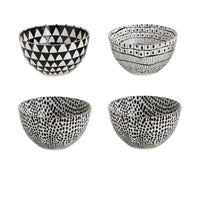 Creative Co-Op MIXED Black + White Stoneware Bowls, set of 4, with chic gold rim and geometric/dotted patterns.