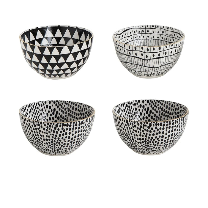 Creative Co-Op MIXED Black + White Stoneware Bowls, set of 4, with chic gold rim and geometric/dotted patterns.