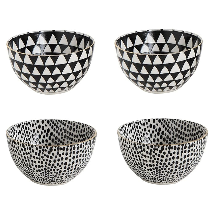 Creative Co-Op MIXED Black + White Stoneware Bowls, set of 4, with chic gold rim and geometric/dotted patterns.