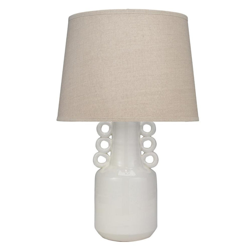 white glazed ceramic table lamp circles natural linen cone shade