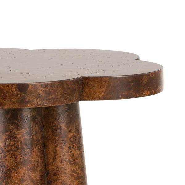 Close-up of a wooden side table with a textured surface on a white background
