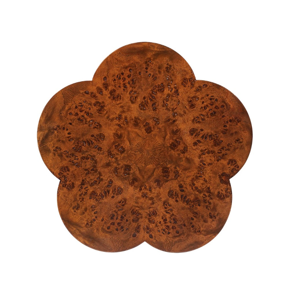 Decorative brown scalloped wood top view of accent table on a white background
