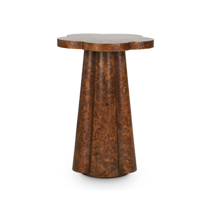 Callie Walnut Burl Accent Table by Villa & House with a flower top and glossy finish, featuring a flared pedestal base.