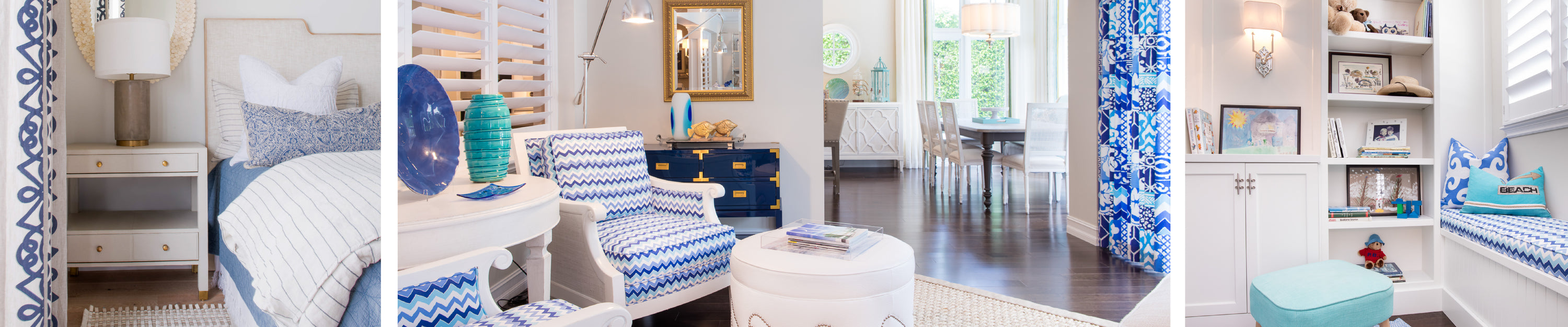 A brightly lit house with a navy and white themed bedroom, sitting area, kitchen, and reading nook with built-in shelves.