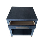 blue grasscloth wrapped side table nightstand 1 drawer lower shelf brass hardware