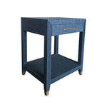blue grasscloth wrapped side table nightstand 1 drawer lower shelf brass hardware