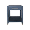 blue grasscloth wrapped side table nightstand 1 drawer lower shelf brass hardware
