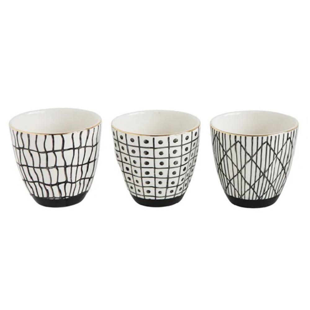 black and white decorative print cups gold rim