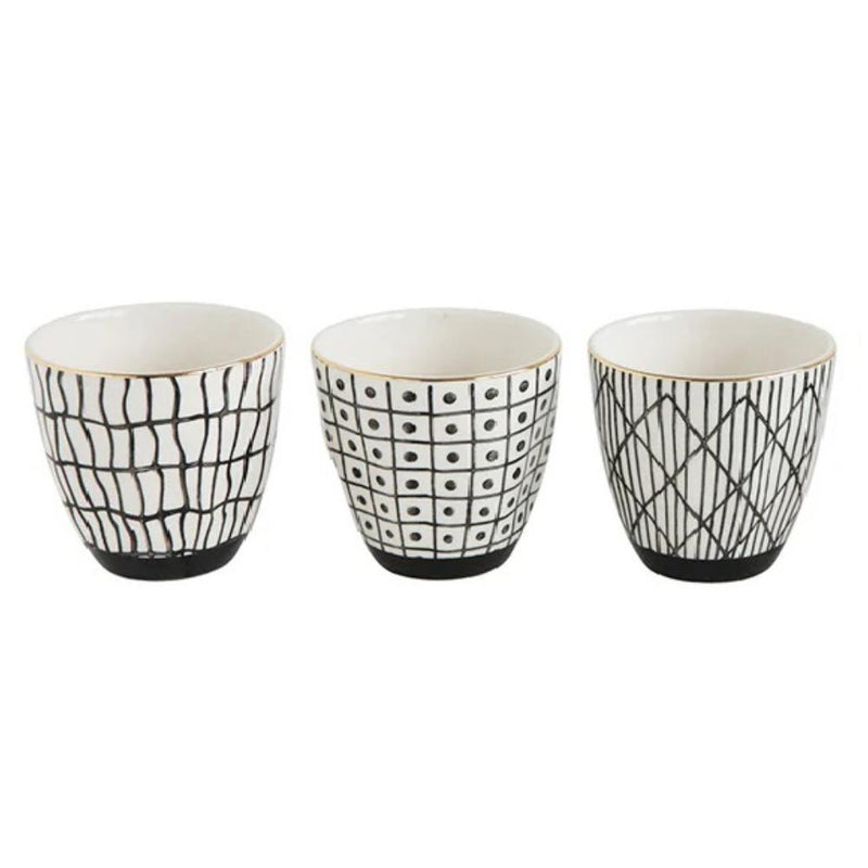 black and white decorative print cups gold rim