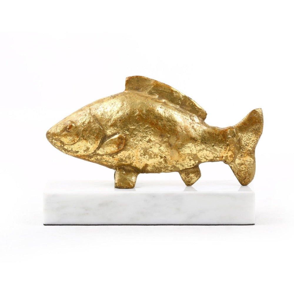 carp fish sculpture white marble base gold 