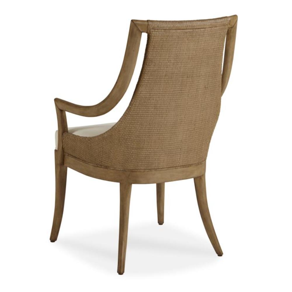 contemporary wood framed dining arm chair rattan back flax color upholstered seat