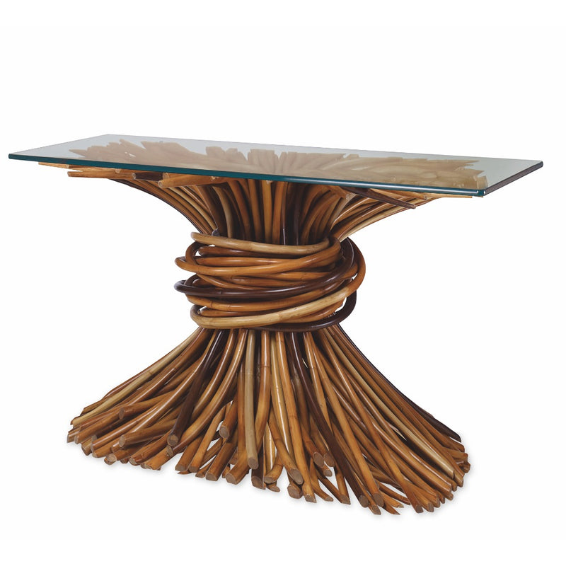 knotted rattan console table natural finish glass top