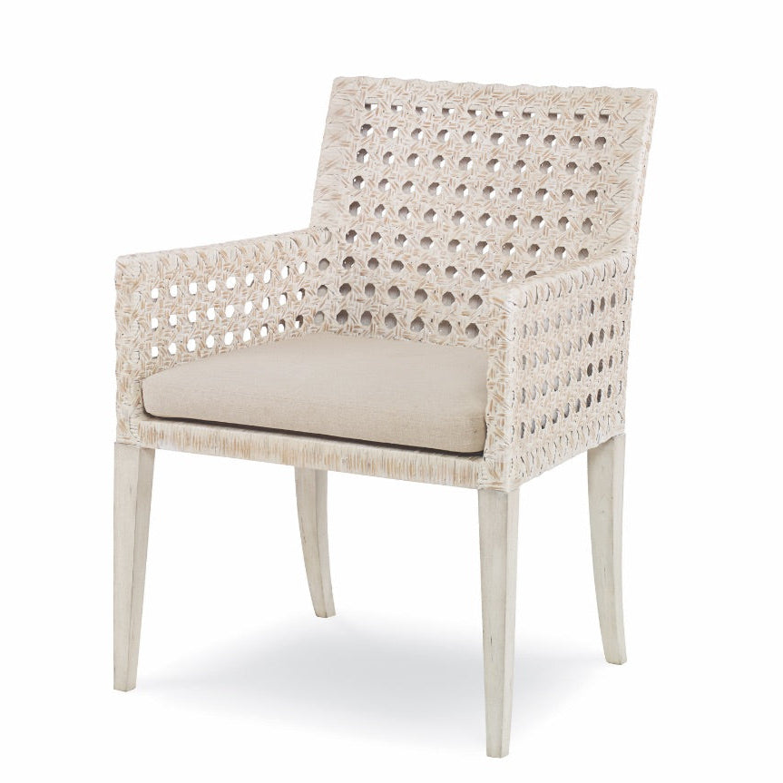 solid wood dining arm chair caned back sides upholstered seat flax