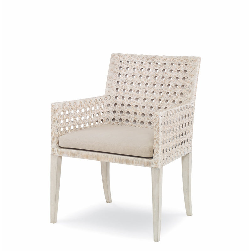 solid wood dining arm chair caned back sides upholstered seat flax