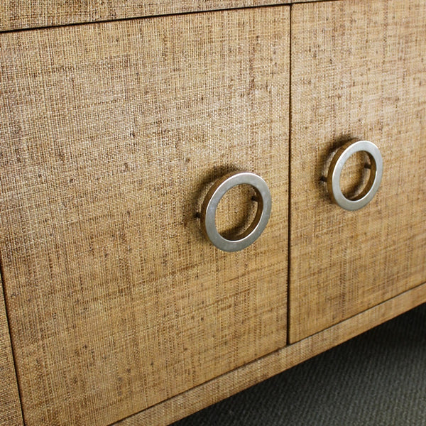tan raffia wrapped wood bookcase 3 shelves 2 cabinets contemporary silver ferrules interior adjustable shelf