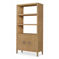 tan raffia wrapped wood bookcase 3 shelves 2 cabinets contemporary silver ferrules interior adjustable shelf