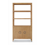 tan raffia wrapped wood bookcase 3 shelves 2 cabinets contemporary silver ferrules interior adjustable shelf