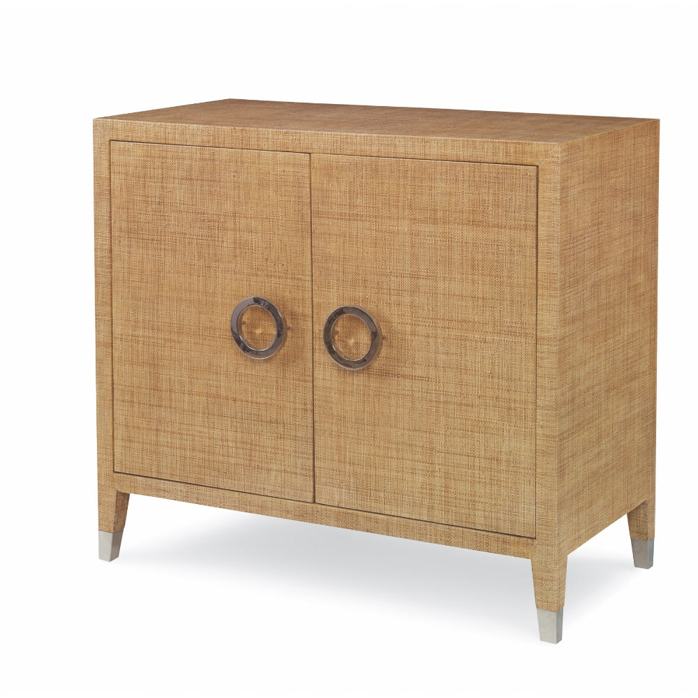 raffia wrapped wood 2-door cabinet tan ferrules interior adjustable shelf tempered glass top included