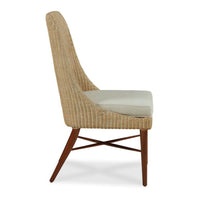 dining side chair woven natural wicker upholstered beige seat tapered mahogany legs x-stretcher