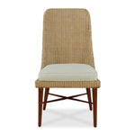 dining side chair woven natural wicker upholstered beige seat tapered mahogany legs x-stretcher