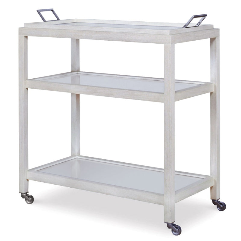 white wood bar cart casters 2 fixed shelves mirrors removable tray top modern